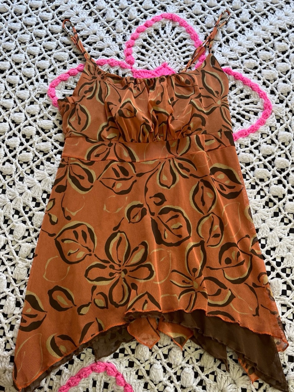 Y2k Mesh Zena Rust Brown Floral Handkerchief-Hem Tank Top